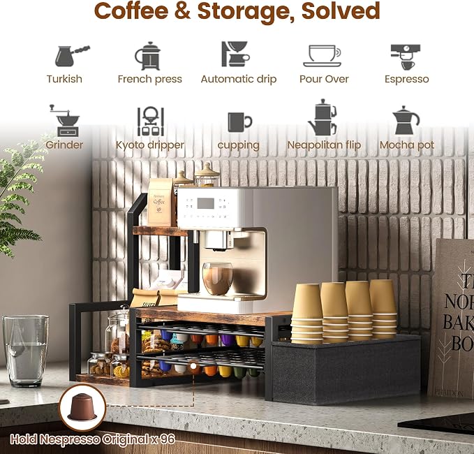 Coffee Pods Drawers, Holds 96 OriginalLine Pods & 10 Syrup Bottles | Coffee Station Organizer with OriginalLine Pod Holder, Pull-Out Drawer with Anti-Slide Lock, Side Basket & Syrup Rack - Image 4
