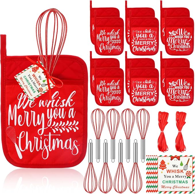 LemonRoad 12 Sets Christmas Whisk Baking Gift Set Xmas Silicone Whisks Oven Mitt Pot Holder Greeting Cards Ribbon Bags for Holiday Kitchen Utensils Cooking Supplies Neighbor Gift(Classic,Red) by Unknown