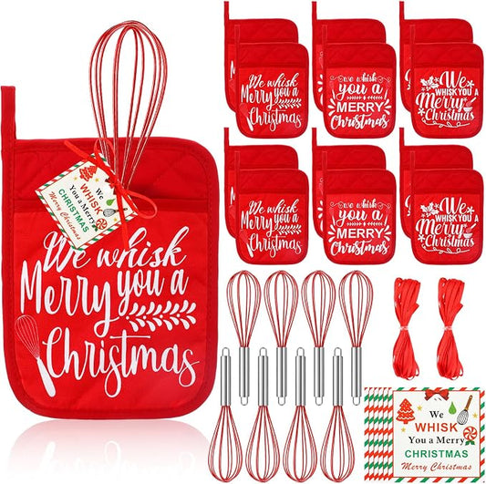 LemonRoad 12 Sets Christmas Whisk Baking Gift Set Xmas Silicone Whisks Oven Mitt Pot Holder Greeting Cards Ribbon Bags for Holiday Kitchen Utensils Cooking Supplies Neighbor Gift(Classic,Red) by Unknown
