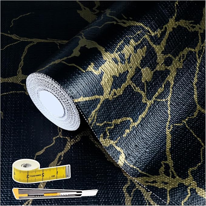 2-Layer Drawer and Shelf Liner for Kitchen Cabinet: 17in X 30Ft Non Slip | Waterproof Shelf Paper Non Adhesive Refrigerator Liners Black/Gold Marble Easy Liners for Bathroom with Knife Tape Measure by Kimhan