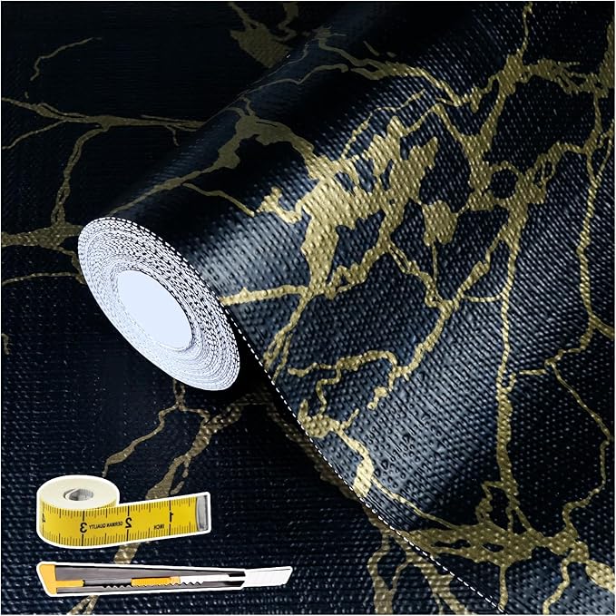 2-Layer Drawer and Shelf Liner for Kitchen Cabinet: 23.6in X 30Ft Non Slip | Waterproof Shelf Paper Non Adhesive Refrigerator Liners Black/Gold Marble Easy Liners for Bathroom with Knife Tape Measure by Kimhan
