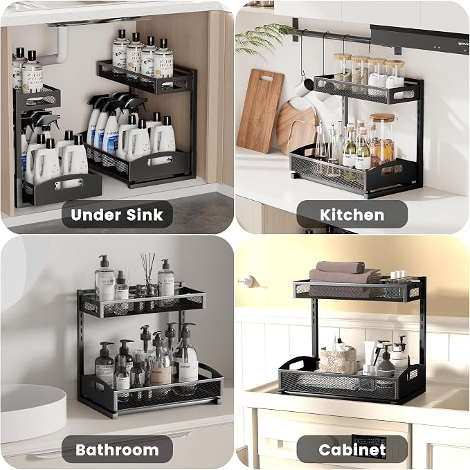 Petiza Under Sink Organizer,2 Pack Height Adjustable Under Sink Organizers and Storage, 2 Tier Under Sink Storage for Kitchen Bathroom Cabinet - Image 4