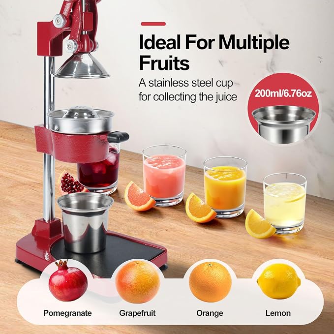 18 Inch Height Commercial Heavy Duty Cast Iron Hand Press Manual Orange Citrus Lemon Lime Grapefruit Pomegranate Fruit Juice Squeezer Machine with Stainless Steel Cup and Durable Base Red - Image 3