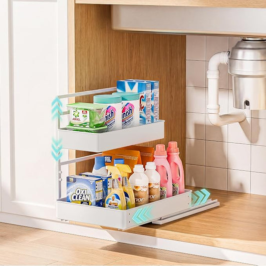 EVERIE Metal Pull Out Slide Shelf Organizer for Framed or Frameless Under Sink CabinetsOrganization in Kitchen, Bathroom, Counter, Cabinets (White, 1 Set) by EVERIE
