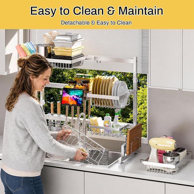ADBIU Luxurious 304 Stainless Steel Over Sink Dish Drying Rack (Suitable for Sink Length 26.3"- 37.4") Snap-On Design 2 Tier Large Kitchen Dish Rack Stainless Steel Counter Organization and Storage - Image 6