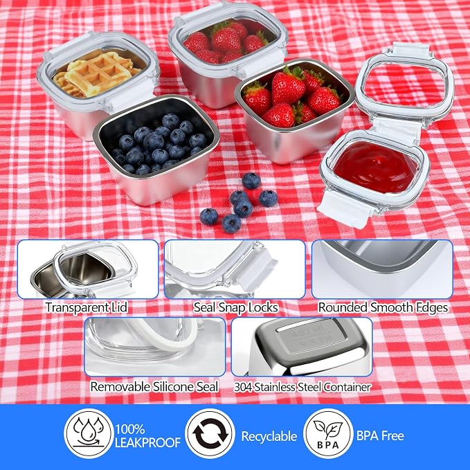 3 Piece 450ml/15.25oz Stainless Steel Containers with Lids | Food Storage Containers Leakproof Lunch Small Snack Boxs, Reusable Meal Prep Containers Suitable for Dips, Condiments, Snacks - Image 3
