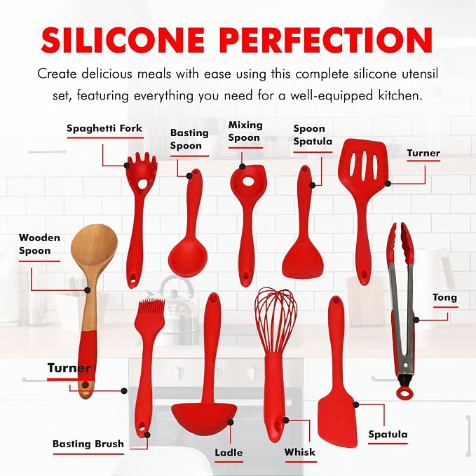 Chef Craft Premium Silicone Kitchen Tool and Utensil Set, 11 Piece Set, Red - Image 4