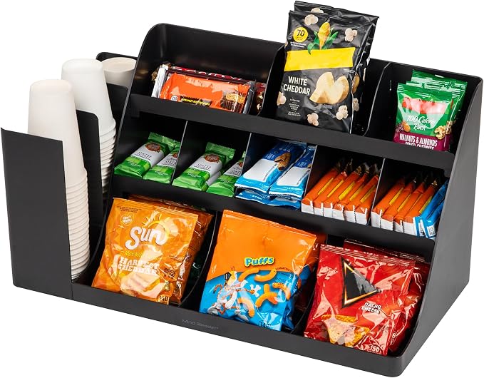 Mind Reader Large Cup and Condiment Station, 14-Compartment Countertop Coffee Organizer for Cups, Lids, Condiments and Supplies, Black - Image 5