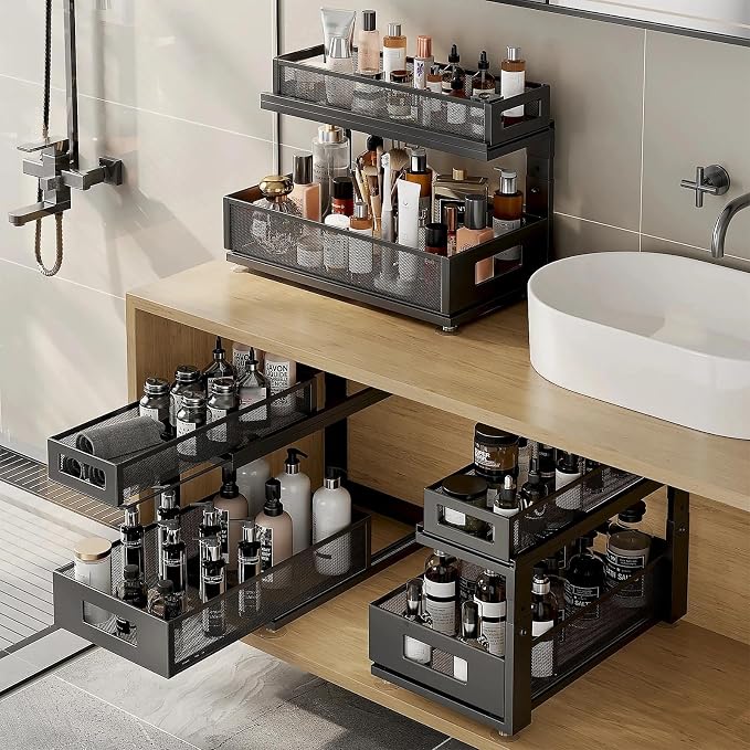 2 Pack 18.5IN-Depth Under Sink Organizer With Next-Gen Ball-Bearing Slides,2-Tier Pull Out Cabinet Storage,Height Adjustable Drawer Shelf for Bathroom,Kitchen,Laundry,Cabinet,Pantry-Black - Image 7