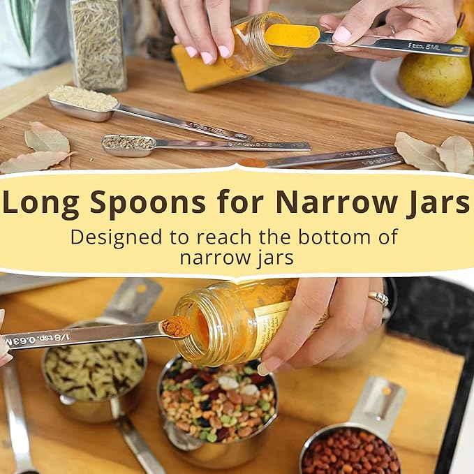 Simply Gourmet Measuring Cups & Spoons Set of 12, 18/08 Stainless Steel Kitchen Gadgets, Stackable Design with Long Handle Spoons, Fits in Spice Jars, Cooking & Baking Set for Dry & Liquid - Image 7