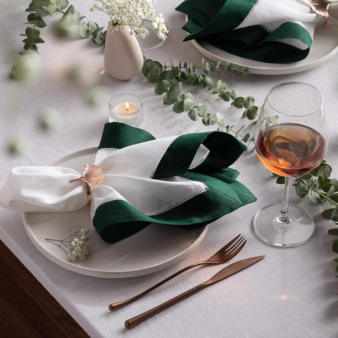 Linen Napkins 20 x 20 inch - 100% Flax Linen White and Green Dinner Napkins Set of 4 - Hemstitch Cloth Napkins Washable for St Patrict Day, Easter, Winter and Spring Decor - Image 3