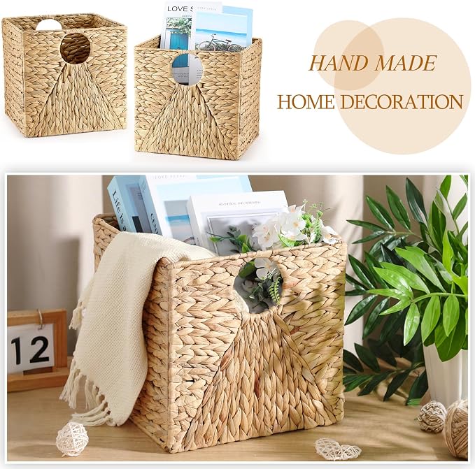 Jinei 6 Pcs Water Hyacinth Storage Baskets 12"x12"x12" Wood Color | Handwoven Wicker Bins with Handles, Wicker Cube Baskets Bulk for Shelves Organizer Laundry, Closet Bedroom - Image 4