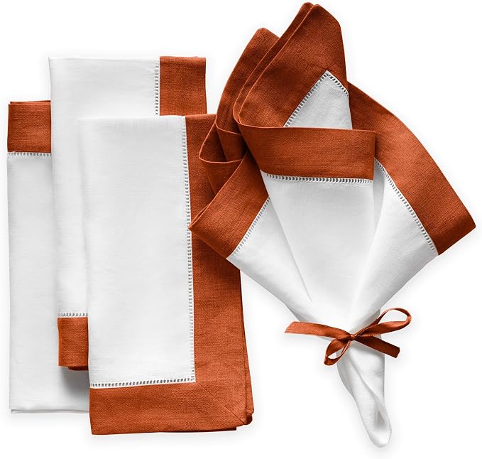 Linen Napkins 20 x 20 inch - 100% Pure Flax Linen White and Orange Dinner Napkins Set of 4 - Hemstitch Cloth Napkins Washable for Spring, Summer, Fall and Winter Decor by OlucioAuthentiqueHome