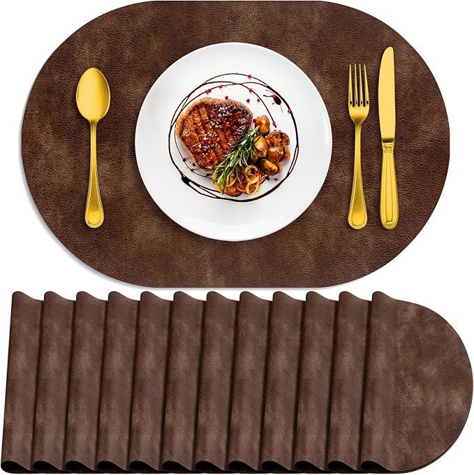 ADRIMER Placemats, Heat Resistant Oval Placemats Set of 12 Washable 12 x 17 Inch, Waterproof Table Mats, Wipeable Pu Place Mats for Kitchen, Dining Room, Brown by Adrimersdreamistobeanindispensablecompanioninyourlife