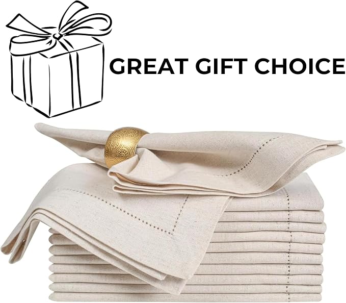 Linen Cotton Cloth Napkins Set of 12, 20x20 Inch Dinner Napkins | Natural Hemstitched Fabric – Machine Washable Elegant Reusable Table Napkins for Weddings, Parties & Dining Décor - Image 3