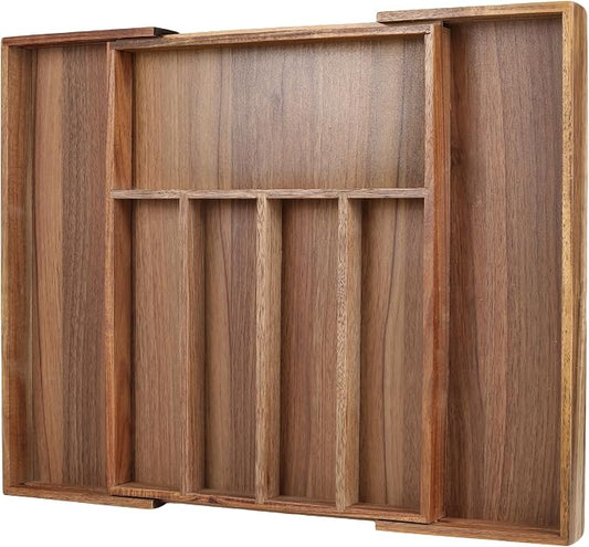 Acacia Wood Silverware Organizer, 7-Compartment Expandable Drawer Tray | Expands from 13.11 to 21.65 in wide, 16.93 in deep, with 7 compartments, acacia wood construction, and anti-slip pads by Unknown