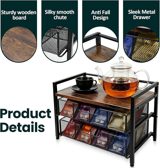 Double Drawer Tea Bag Organizer with 16 Compartments Tea Box | wood and metal frame,Smooth sliding drawers, compact for counter/desk, natural wood finish, for kitchen office coffee station - Image 4