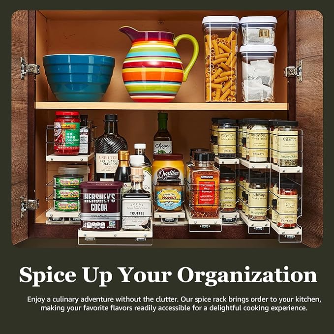 Adjustable Spice Rack Drawer - Pull Out Cabinet Organizer - Kitchen and Pantry Organizers and Storage - Spice Caddy - 1 Drawer, 2 Upper Tier (3.45" W x 11.25" H x 10.6" D, Cream) - Image 6