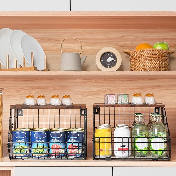 Mefirt Fruit Basket, Stackable Wall Mounted Fruit Baskets, Potato Baskets Onion Storage for Kitchen, Hanging Wire Basket with Wood Lid, 2-Tier Vegetable Organizer Kitchen Countertop Organization | Hanging Potato Basket Wire Basket with Wood Lid, 2-Tier... - Image 3