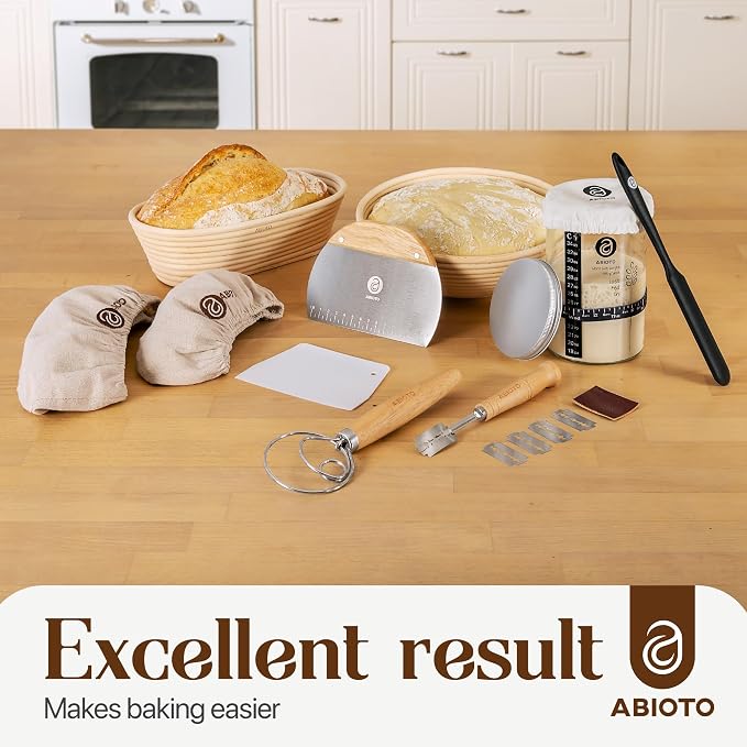 ABIOTO Sourdough Bread Baking Supplies and Starter Kit - Ultimate Bread Making and Sourdough Starter Kit with Proofing Baskets, 34oz Sourdough Jar, Bread Lame, Scrapers & Danish Whisk - Image 8