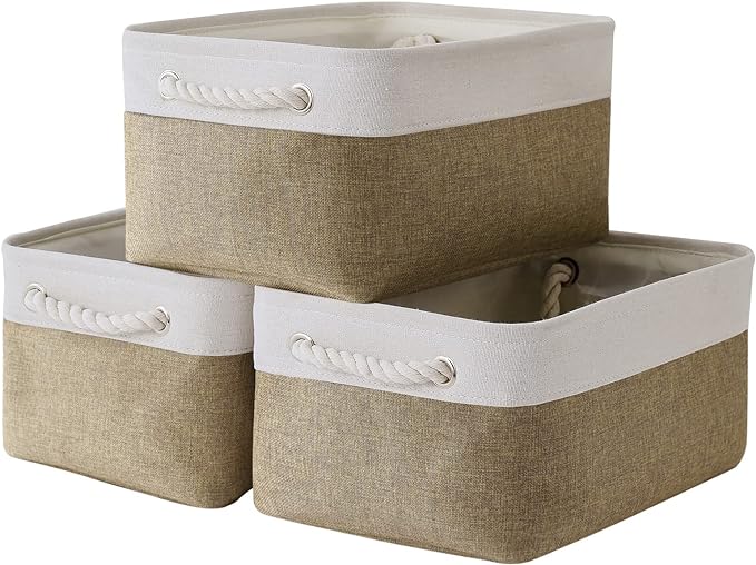 Storage Basket for Organizing - 14x10x7 inch Medium 3 Pack Collapsible Storage Bin for Shelves with Handles, Canves Storage Box for Organizer Cubes Cloth Gift Toy Closet (White & Khaki) by TheWarmHome