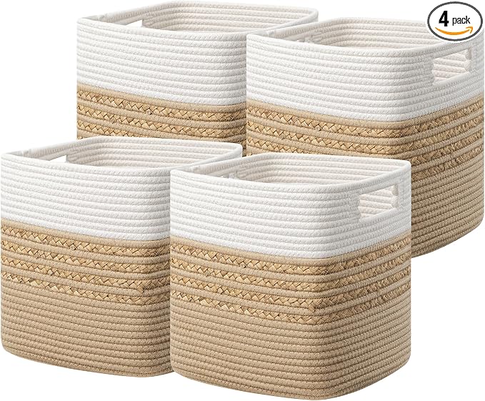 UBBCARE Set of 4 Storage Cubes 11 X 10.5 X 10.5 in, Water Hyacinth Storage Bins for Shelves, Book, Storage Baskets with Handles, Cotton Rope Woven Baskets for Organizing, Brown by UBBCARE