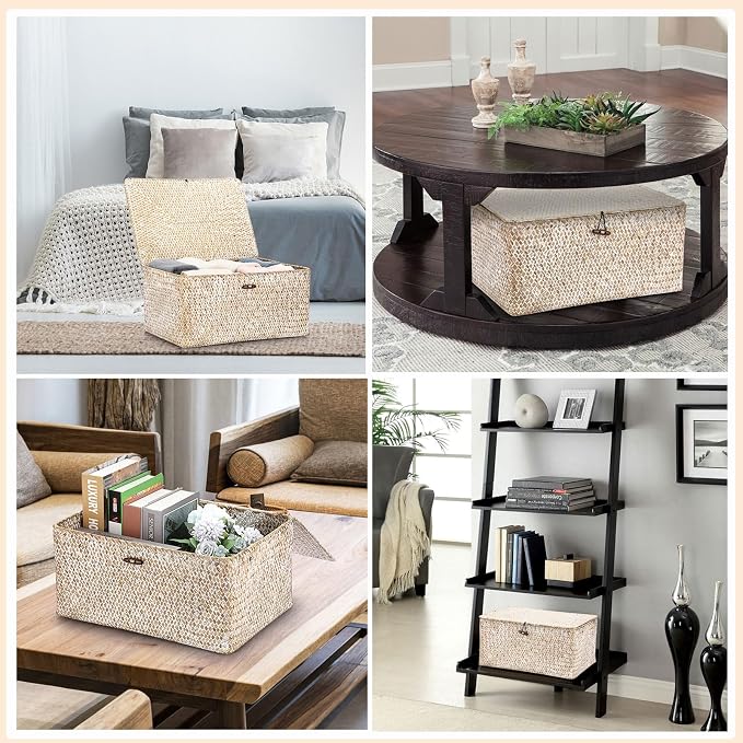 Hipiwe Wicker Woven Baskets Bin with Lid Seagrass Storage Basket, X-Large | Natural Decorative Baskets Rectangular Household Basket for Shelf Wardrobe Home Decor, Whitewash - Image 4