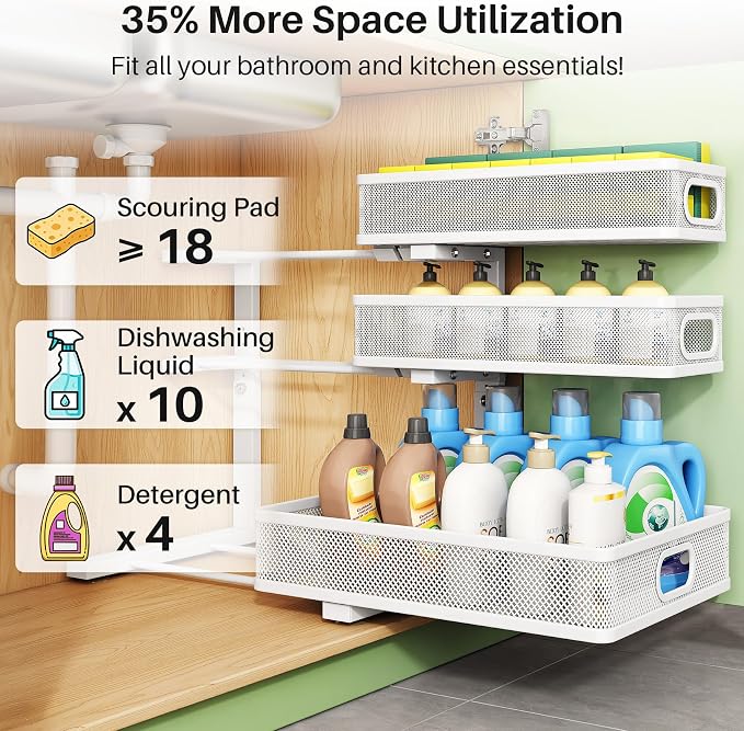 Kitstorack Under Sink Organizer, 1-Pack 3-Tier Height Adjustable Thickened Metal Pull out Cabinet Organizer Shelf, Slide out Storage Drawer Rack for Bathroom Kitchen Pantry Home Laundry Organization - Image 6