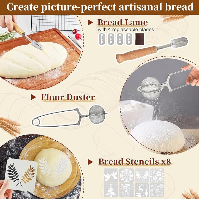 Banneton Bread Proofing Basket Set, 9" Round & 10" Oval Sourdough Bread Baking Supplies, Sourdough Starter Kit, Bread Making Tools Gift Set for Beginner Professional Bakers - Image 5