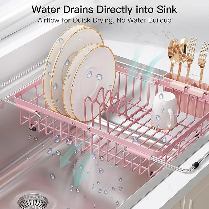 JASIWAY Pink Dish Drying Rack Over the Sink with Utensil Holder | Expandable Stainless Steel Dish Driainers for Small Kitchen, Counter Space Saving, Fast Drain, Rust Resistant, For Apartment - Image 6