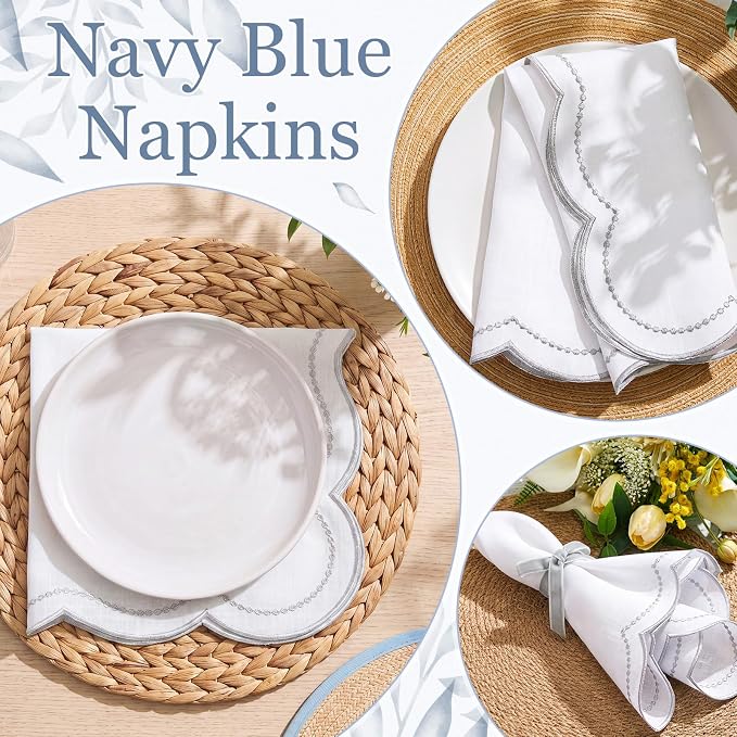 Hahafelt Cloth Napkins 18x18inches Scalloped Embroidery Cloth Napkins Washable Polyester Table Dinner for Hotel Restaurant Weddings Events Parties (Sliver,6 Set) - Image 4