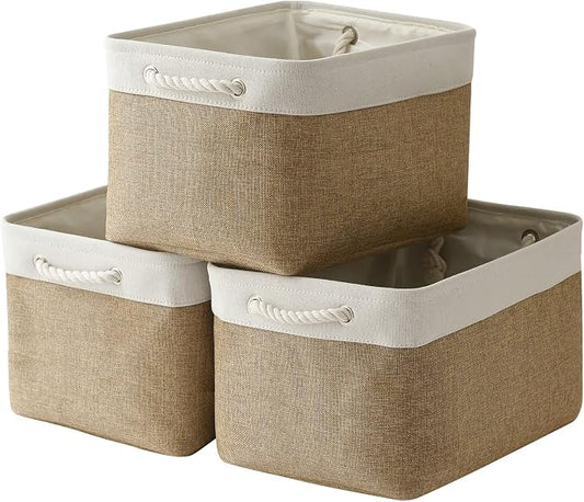 Organization and Storage Basket for Gifts Empty - 16x12x12 inch Cube Storage bin 3 Pack Fabric Storage Cubes, Collapsible Baskets for Organizer Closet Cloth Gift Toy (White & Khaki) by TheWarmHome