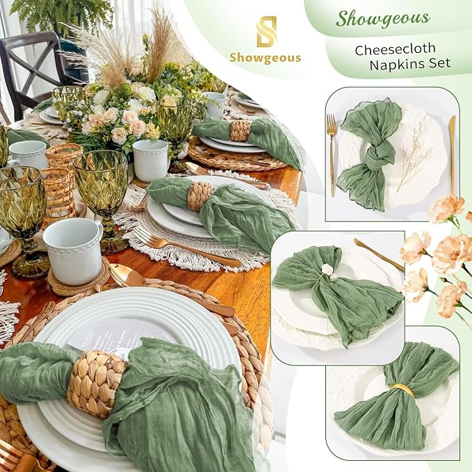 100 Pack Sage Green Cheesecloth Napkins 20"x20" Boho Washable Cloth Napkins Set of 100 Wrinkled Cheese Cloth Napkins Gauze Dinner Table Napkin for Wedding Party Baby Shower Birthday Decor - Image 4