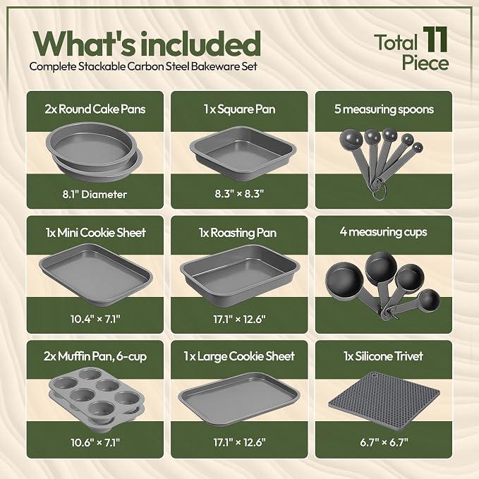 Non-Toxic 11-Piece All-in-One Nesting Bakeware Set - Space-Saving Stackable Nonstick Carbon Steel Baking Pans Set, PFOA-Free, Cookie Sheet, Roasting Pan, Square, 2 Muffin & 2 Cake Pans - Image 6