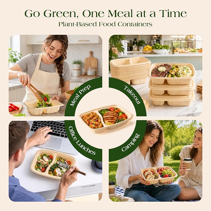 100 Piece (50 Pack) Meal Prep Containers Reusable - 2 Compartment 32 oz Cornstarch Snack Containers with Lids - Plastic Food Storage Salad Containers - To Go Lunch Box - Microwave & Freezer Safe - Image 2