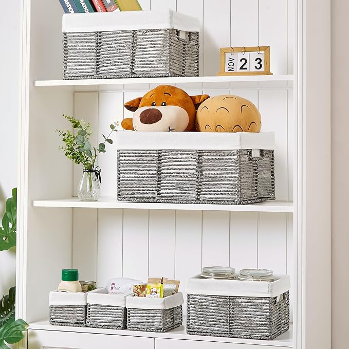 Wicker Storage Basket, 6 Pack Baskets for Organizing, Wicker Baskets with Handle, Rectangular Wicke Basket for Storage Shelves, Cube Storage Bins for Closet/Clothes/Dresser, Grey - Image 4