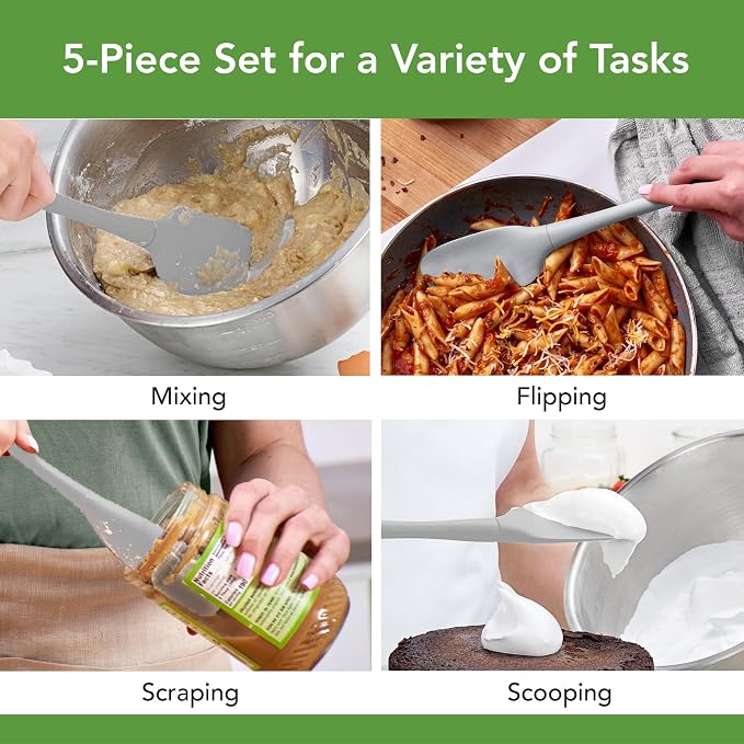 Tovolo Flex Core 5 Piece Silicone Spatula Set Heat Resistant All Silicone Utensils Include Non Stick Spatula Spoonula Jar Scraper, Dishwasher Safe BPA Free Spatulas for Baking Mixing, Oyster Gray - Image 2