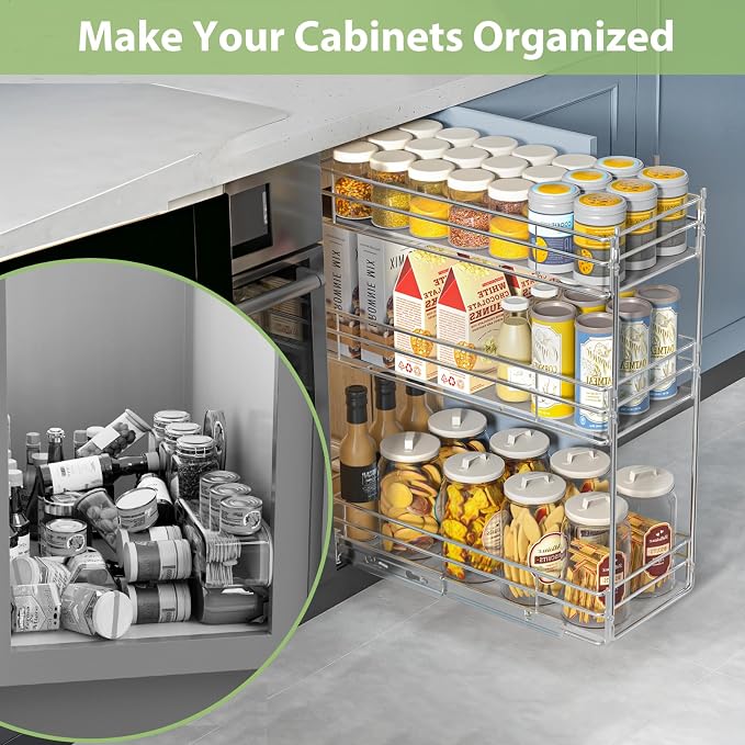 Pull Out Spice Rack Cabinet Organizer (8" W X 20½" D),3 Tier Slide Out Drawer for Narrow Cabinet, Pull Out Shelves Under Cabinet Storage for Kitchen - Image 7