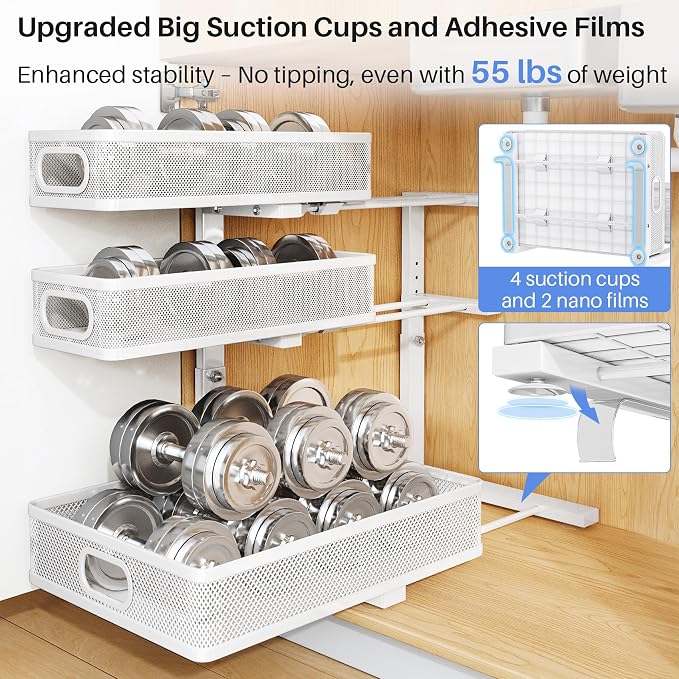 Under Sink Organizer, 3-Tier Thickened Metal Pull out Cabinet Organizer Shelf, Height Adjustable Slide out Storage Drawer Rack for Kitchen Bathroom Pantry Laundry Home Organization, 2-Pack, White | 35% Extra Storage Capacity, Carbon Steel, Hold Up 55lb... - Image 6