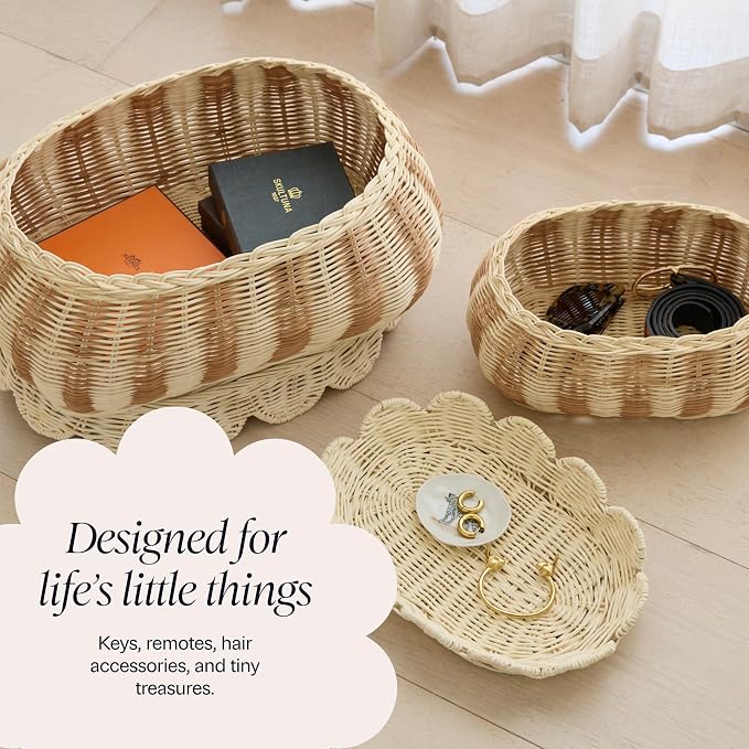 BEBE BASK The Original Scalloped Basket with Lid - Set of 2 (15x11x6 In) | Award Winner, Hand-Woven Rattan Scalloped Wicker Basket with Lid, Storage Baskets with Lids for Organizing, Scallop Basket - Image 6
