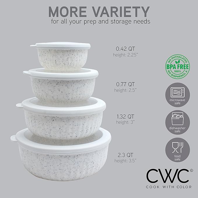 COOK WITH COLOR Prep Bowls with Lids- Wide and Deep Nesting Plastic Small Mixing Bowl Set with Lids, 8 Piece Set - Wide Bowls, Speckled White - Image 4
