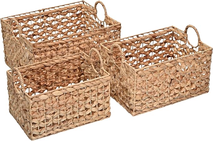 happimess Quinn Storage Baskets 3-Piece Hyacinth Rectangular 18", Natural | Hand-Woven Wicker Organizers, Durable Iron Metal Frame, Integrated Handles, Bohemian Cottage Decor For Nursery by Happimess