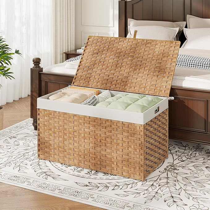 HOOBRO Storage Basket with Lid, 42.3 Gallon (160L) Wicker Basket, Handwoven Blanket Storage Basket with Handles, Metal Frame and Soft Lining, Foldable for Bedroom, Laundry Room, Natural NL216CW01 - Image 3