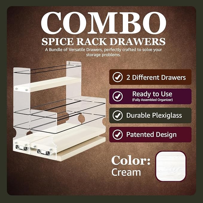 Combo Spice Rack Drawer - Pull Out Pantry Organizers and Storage - Kitchen Cabinet Organizer - Seasoning Sliding Caddy - Made in USA (5.75" W x 9.25" H x 10.60" D, Partially Assembled) - Image 5