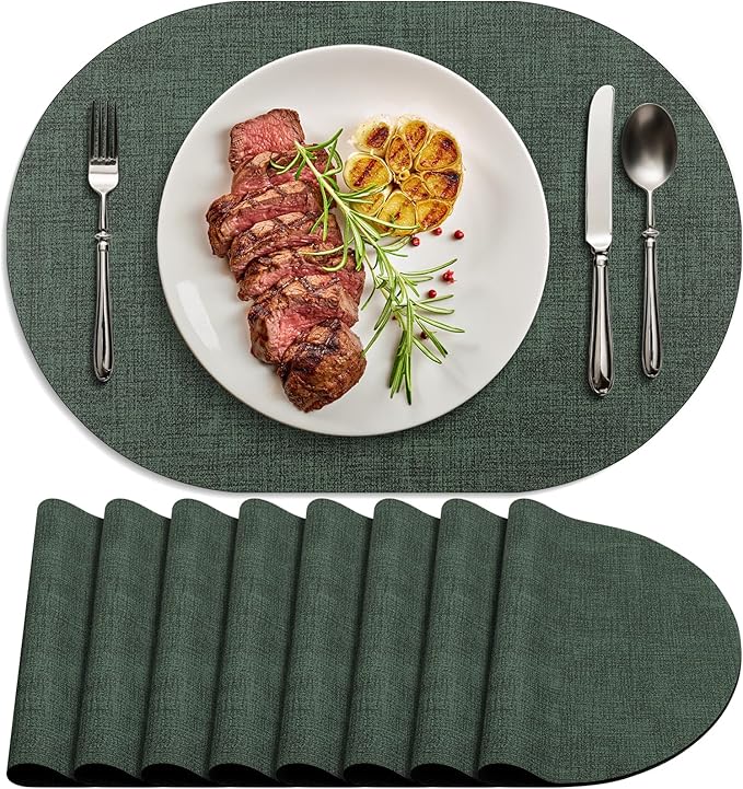 Placemats Set of 8 - Washable Heat Resistant Table Placemats - Wipeable Faux Leather Oval Place Mats, Waterproof Table Mats for Dining Table, Green by Delicateandelegantplacemats