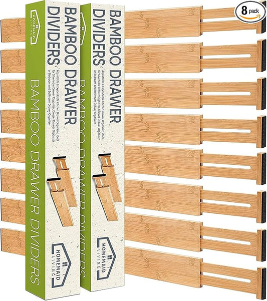 Bamboo Drawer Dividers Adjustable & Expandable, Kitchen Drawer Organizer, Ideal for Silverware, Dresser Drawers Organizer or Bedroom & Bathroom Drawers Organizers (8pk) by HomemaidLiving