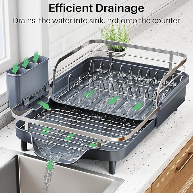 SNTD Expandable Dish Drying Rack for Kitchen Counter, 15.2-22.1 in, Gray | Rust-Resistant Stainless Steel, Protective Side Rails, Self-Draining Drainboard, Removable Utensil Holder - Image 3