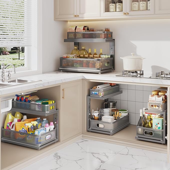 2 Pack 18.5IN-Depth Under Sink Organizer With Next-Gen Ball-Bearing Slides,2-Tier Precision Mesh Pull Out Cabinet Storage for Bathroom&Kitchen,Height Adjustable Drawers Shelf,Anti-rust-Grey - Image 8
