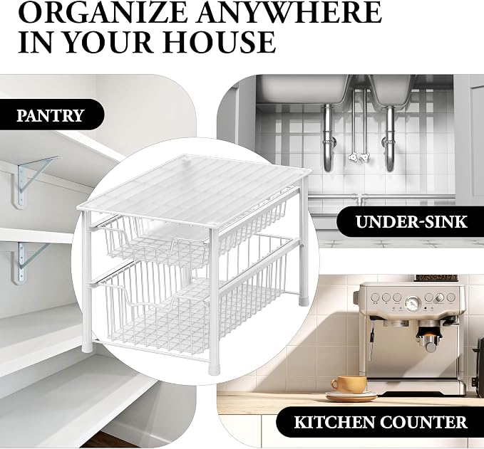 Simple Houseware Stackable Sliding Basket Organizer Drawer, White, 2-Tier - Image 8