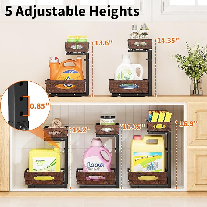 2-Tier Under Sink Organizer with Wooden Drawer Handle, 2 Pack Adjustable Height Pull Out Cabinet Organizer Shelf,Slide out Storage Drawer Rack for Kitchen Bathroom Laundry Room Pantry (Black) - Image 3